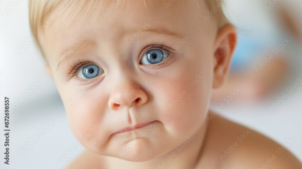 A baby with blue eyes is looking at the camera. The baby has a frown on its face A baby with blue eyes is looking at the camera. The baby has a frown on its face