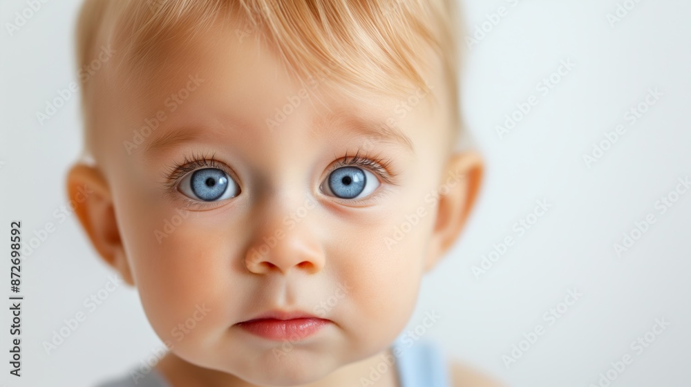 A baby with blue eyes and a blue shirt. The baby is looking at the camera A baby with blue eyes and a blue shirt. The baby is looking at the camera
