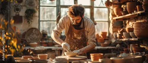 A skilled potter shaping clay on a wheel in a sunlit studio, surrounded by pottery