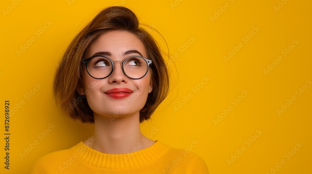 A woman with glasses is looking up at the camera with a smile on her face. Concept of curiosity and wonder, as the woman is pondering something or simply enjoying the moment A woman with glasses is looking up at the camera with a smile on her face. Concept of curiosity and wonder, as the woman is pondering something or simply enjoying the moment