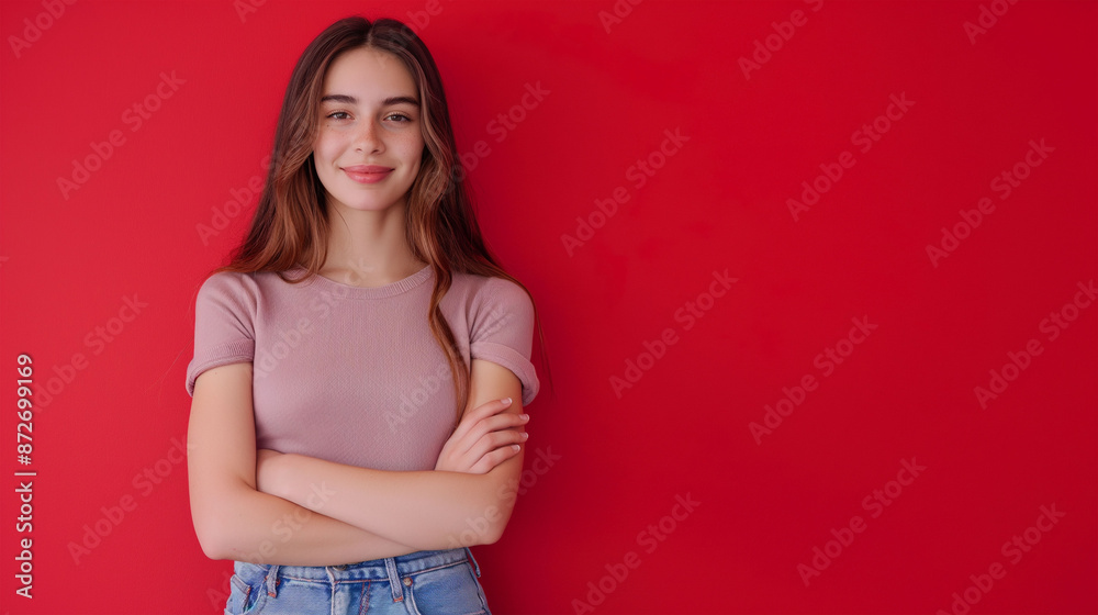 Portrait of a young latin woman with pleasant smile and crossed arms isolated on red wall with copy space. Portrait of a young latin woman with pleasant smile and crossed arms isolated on red wall with copy space.