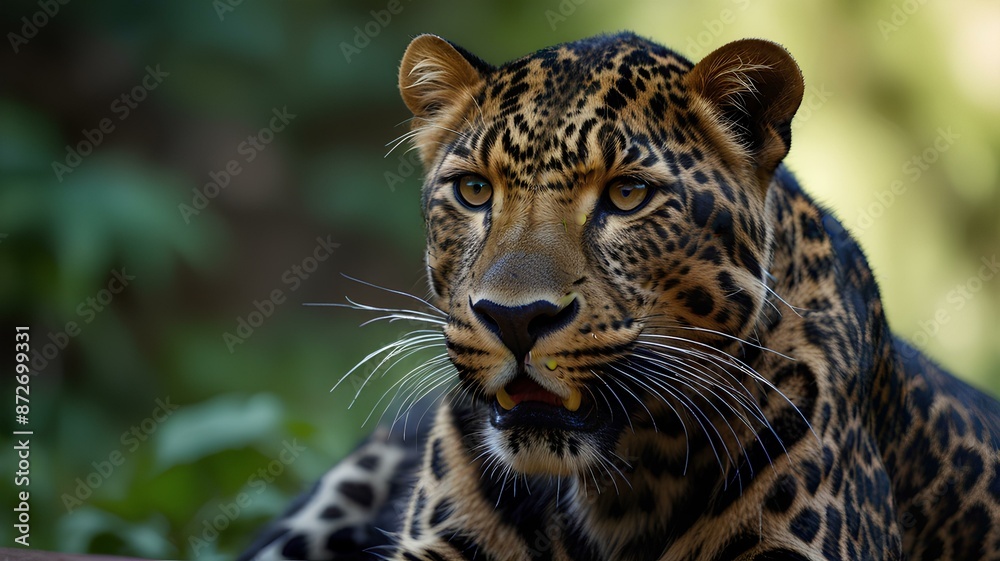 Fototapeta premium The leopard or panther isolated on blur summer background.