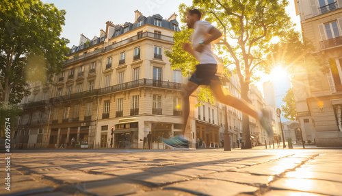 Personne sportive seule en train de courir en été en short dans une ville urbaine avec un effet de mouvement photo