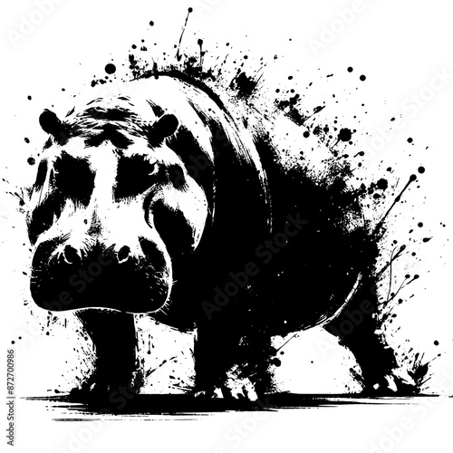 hippo, hippopotamus, in illustration in brush stroke painting,