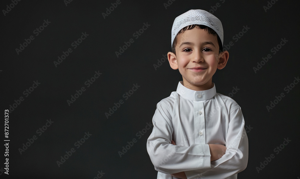 little muslim boy standing on black background little muslim boy standing on black background