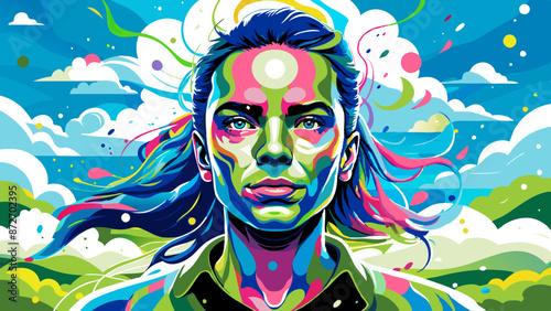 Colorful Abstract Art Portrait of a Young Woman with Vivid Background