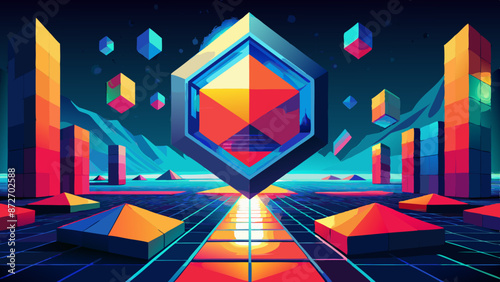 Vibrant Digital Landscape with Floating Geometric Shapes