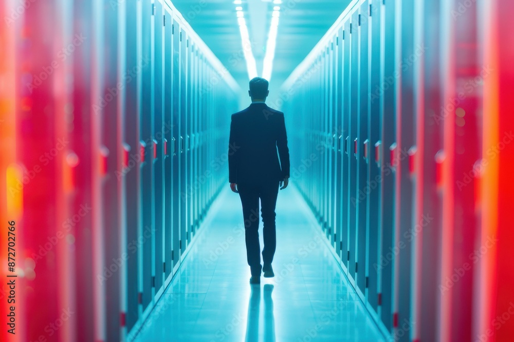 A vibrant image of data servers in a data center, with blue and orange light effects representing digital connections.