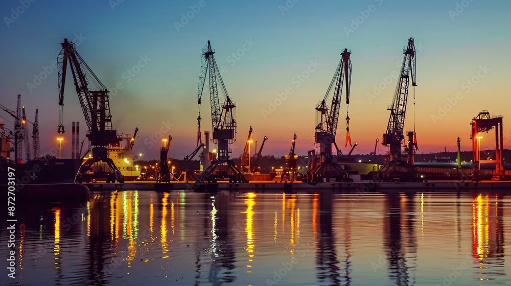 Dusk in the harbor of a Northern metropolis, where dock machines and vessels are illuminated by the descending sun. Dusk in the harbor of a Northern metropolis, where dock machines and vessels are illuminated by the descending sun.