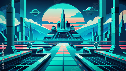Futuristic Cityscape with Retro Neon Aesthetic at Sunset