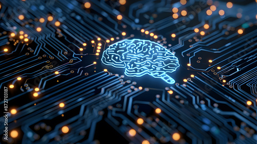 Illustration of artificial intelligence represented by a digital brain on a microchip surrounded by intricate circuitry.