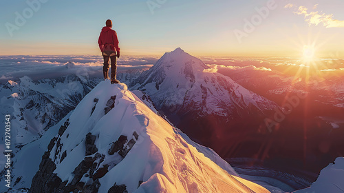 Aerial view of mountaineer standing on the top of snow-covered mountain peak at sunrise © 沈军 贡