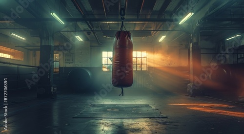 Empty Boxing Gym With Suspended Punching Bag and Sunlight Streaming Through W...