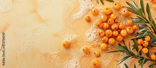 Branch of sea buckthorn with scrub and gel isolated on pastel background. with copy space image. Place for adding text or design photo