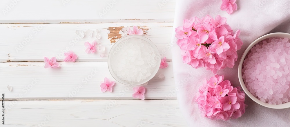 Flat lay composition with pink sea salt, candles, fresh flower petals in water-filled bowl, and a white towel on a white background for a mock-up image with copy space. Flat lay composition with pink sea salt, candles, fresh flower petals in water-filled bowl, and a white towel on a white background for a mock-up image with copy space.