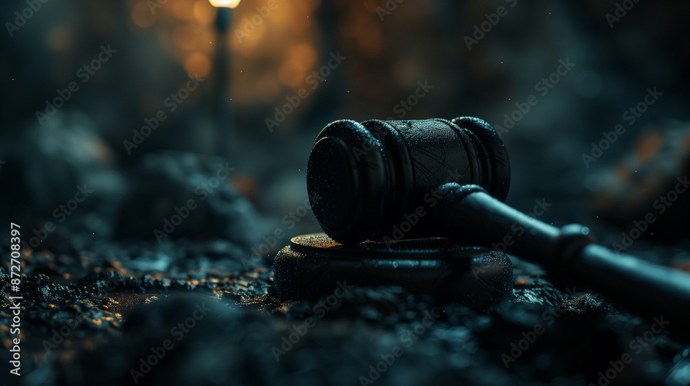 Judge's gavel with dramatic lighting and water droplets, symbolizing justice and resilience Judge's gavel with dramatic lighting and water droplets, symbolizing justice and resilience