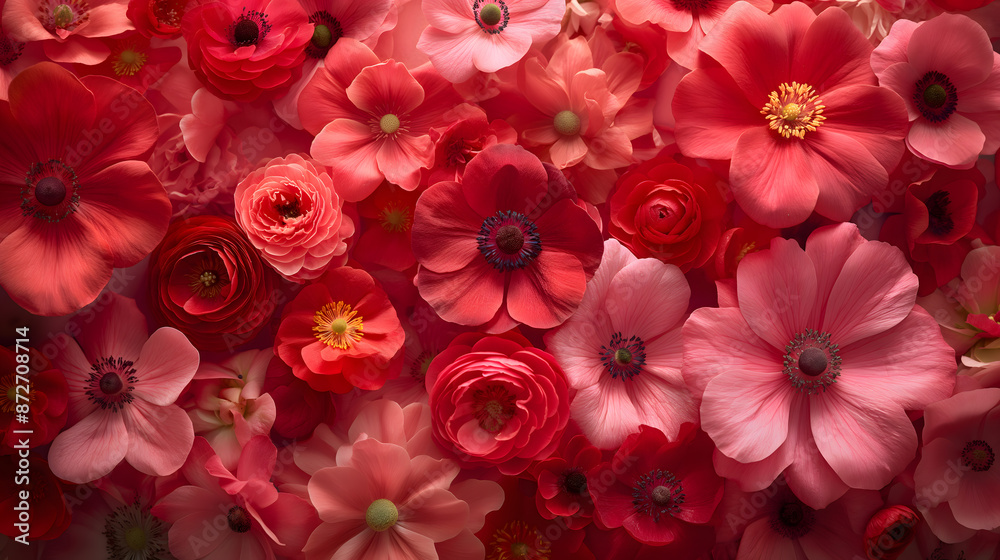 Vibrant Arrangement of Various Red and Pink Flowers on Textured Background Vibrant Arrangement of Various Red and Pink Flowers on Textured Background