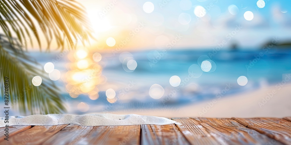 wooden table top with white sand and palm tree leaves on the beach background with blur blue sea wooden table top with white sand and palm tree leaves on the beach background with blur blue sea
