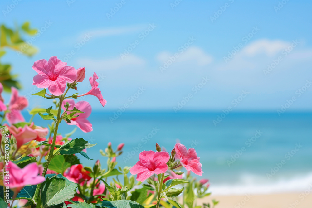 Pink flowers in front of the beach with a blue sky and sea background, summer vacation vibes. Web banner design with copy space Pink flowers in front of the beach with a blue sky and sea background, summer vacation vibes. Web banner design with copy space