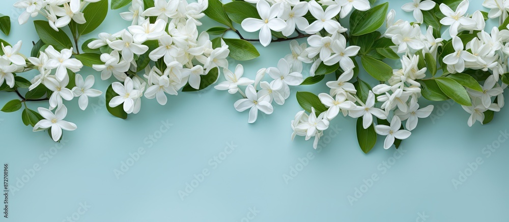Fototapeta premium Top view of delicate white Jasmine flowers arranged in a pattern with space for text in a flat lay composition, creating a serene copy space image.