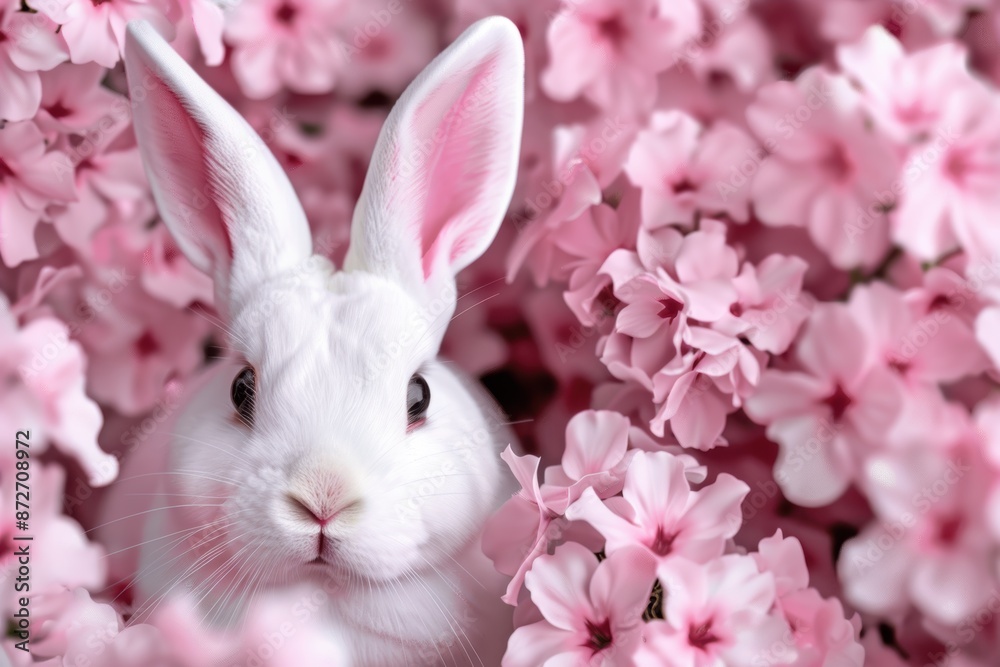 Adorable white rabbit surrounded by pink flowers Adorable white rabbit surrounded by pink flowers
