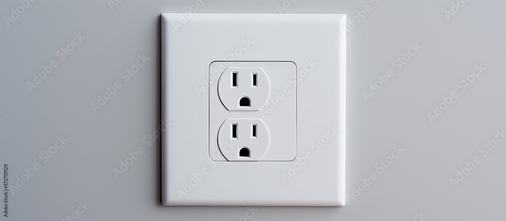 An isolated electrical socket on a gray wall with a white wire plug plugged in, providing power in the renovated studio apartment background, with a double white plastic power outlet offering empty An isolated electrical socket on a gray wall with a white wire plug plugged in, providing power in the renovated studio apartment background, with a double white plastic power outlet offering empty