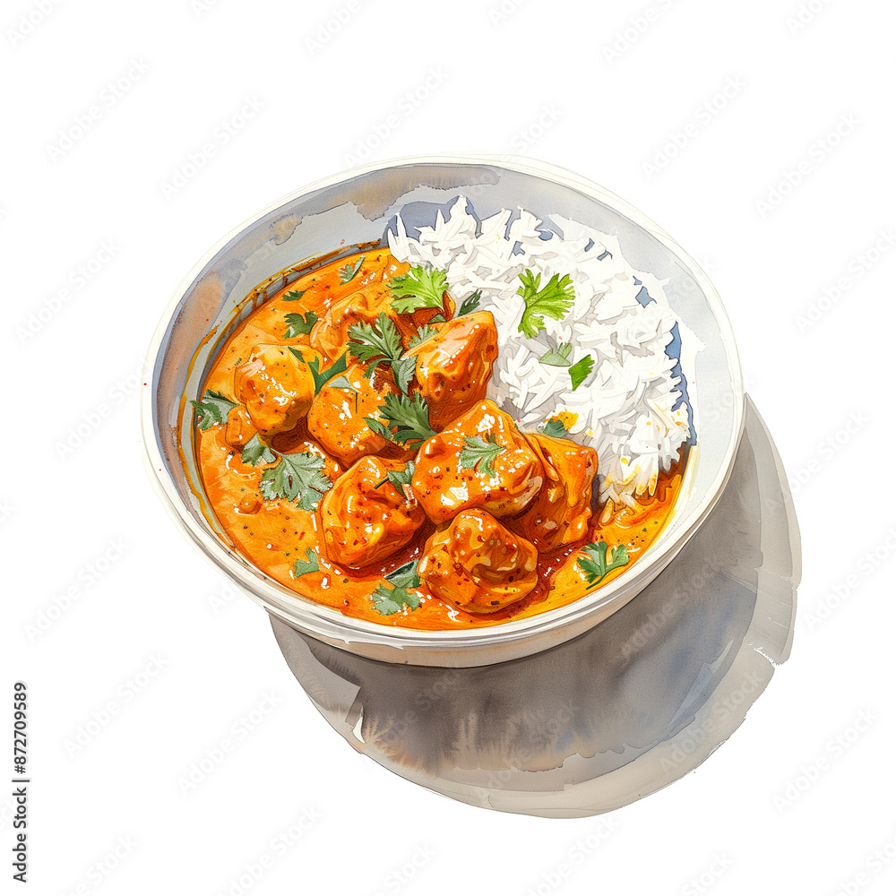 Watercolor illustration of butter chicken curry rice on white background Watercolor illustration of butter chicken curry rice on white background