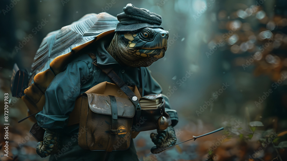 Turtle Dressed as Postal Worker Delivering Mail in Scene with Muted Tones Turtle Dressed as Postal Worker Delivering Mail in Scene with Muted Tones