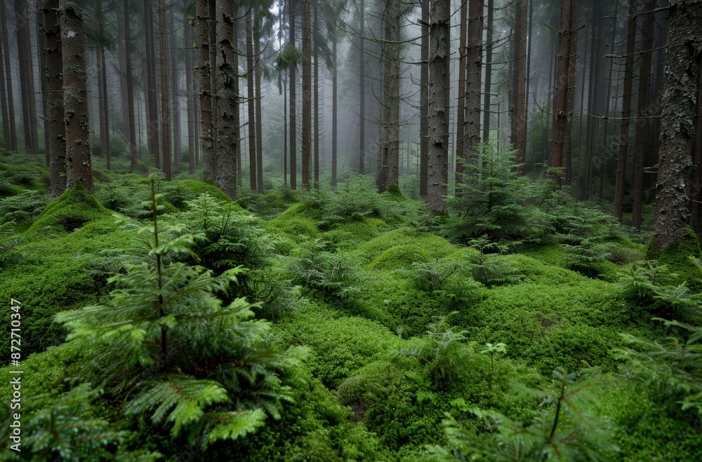 Obraz premium Lush green forest with mossy trees and ferns