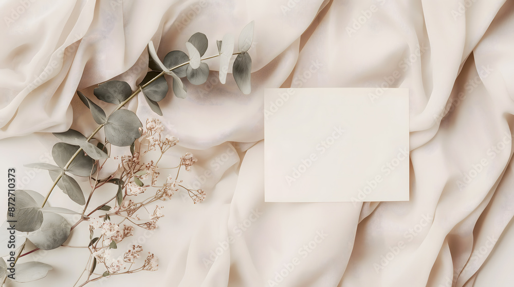 Elegant White Invitation Mockup with Eucalyptus and Silk Fabric Elegant White Invitation Mockup with Eucalyptus and Silk Fabric
