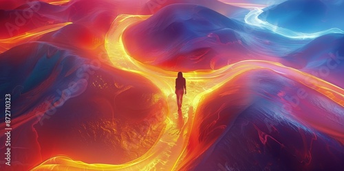 Woman Walking Along A Glowing Path Through Colorful Mountains