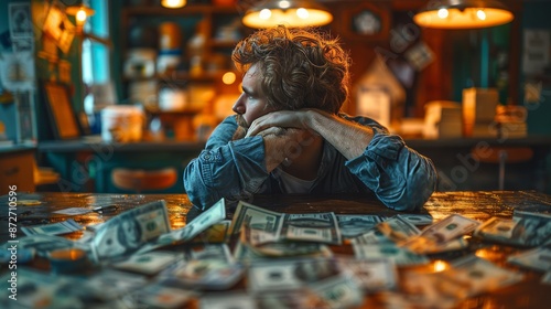 Pensive Man in Cozy Cafe Surrounded by Dollar Bills At Dusk