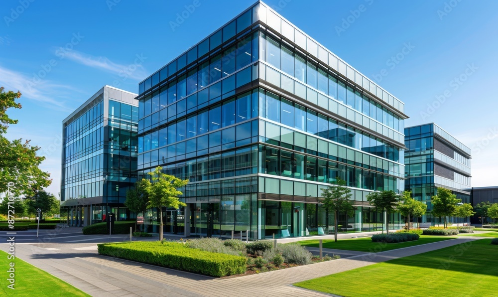 A modern office building with glass windows and green landscaping A modern office building with glass windows and green landscaping