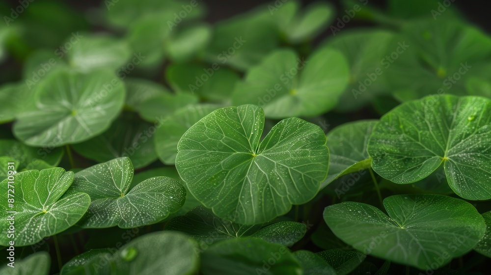 Lush green clover leaves with water droplets Lush green clover leaves with water droplets