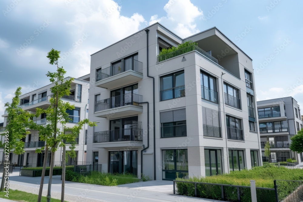Modern apartment buildings on a sunny day with a blue sky. Facade of a modern apartment building Modern apartment buildings on a sunny day with a blue sky. Facade of a modern apartment building