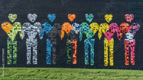 Colorful mural of human figures with heart heads