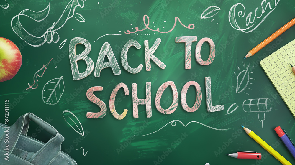 Text BACK TO SCHOOL written with colorful school chalk together with stationery, apples and a school bag on a green school blackboard as a background Text BACK TO SCHOOL written with colorful school chalk together with stationery, apples and a school bag on a green school blackboard as a background