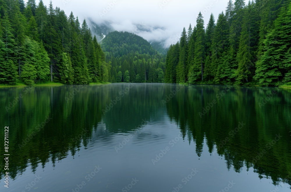 Serene mountain lake surrounded by lush green forest Serene mountain lake surrounded by lush green forest