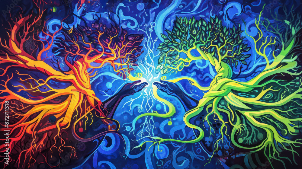 Hands and trees in vibrant colors intertwining energies Hands and trees in vibrant colors intertwining energies