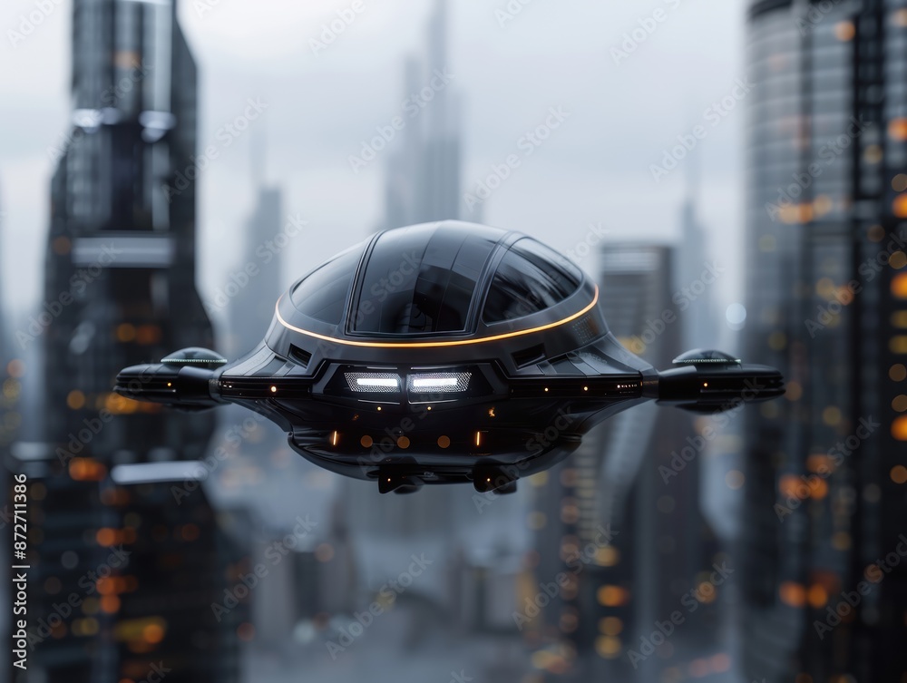 futuristic flying vehicle in city skyline futuristic flying vehicle in city skyline