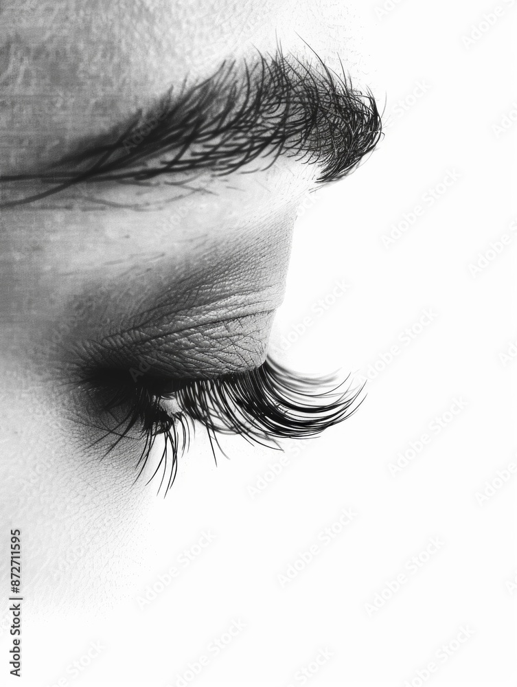 Fototapeta premium The long, flowing eyelashes in this close-up clearly convey the elegance and charm of natural lashes.