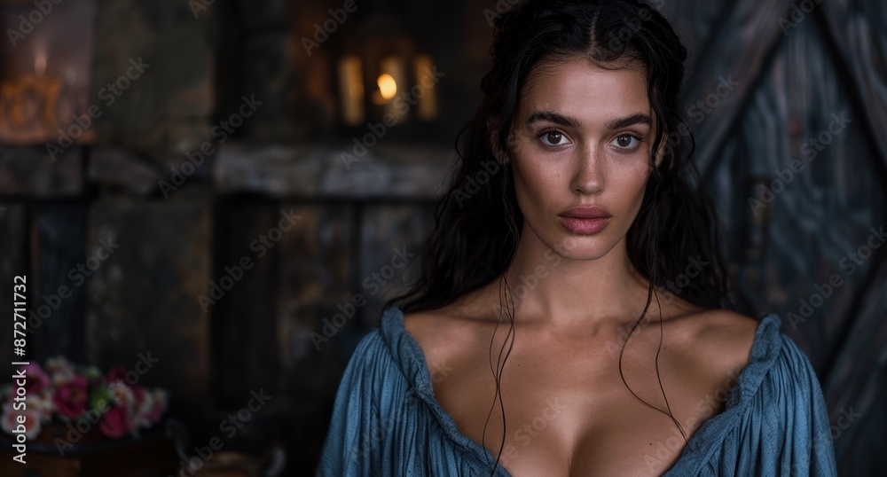 Alluring woman with dark hair in blue dress Alluring woman with dark hair in blue dress