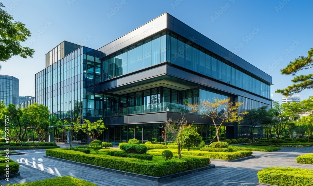 A modern office building with glass windows and green landscaping A modern office building with glass windows and green landscaping