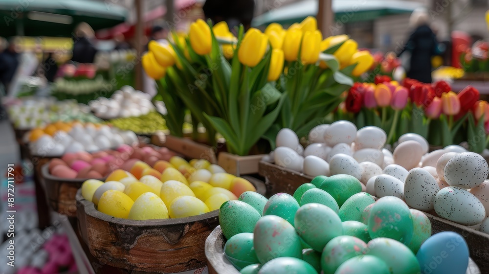 Colorful Easter eggs and spring flowers at a market stall Colorful Easter eggs and spring flowers at a market stall