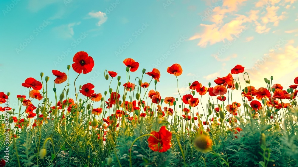 Fototapeta premium Beautiful red poppy flowers in a blooming meadow at sunset. Vibrant, colorful, and peaceful nature scene. Ideal for spring and summer concepts, backgrounds, and wallpapers. AI