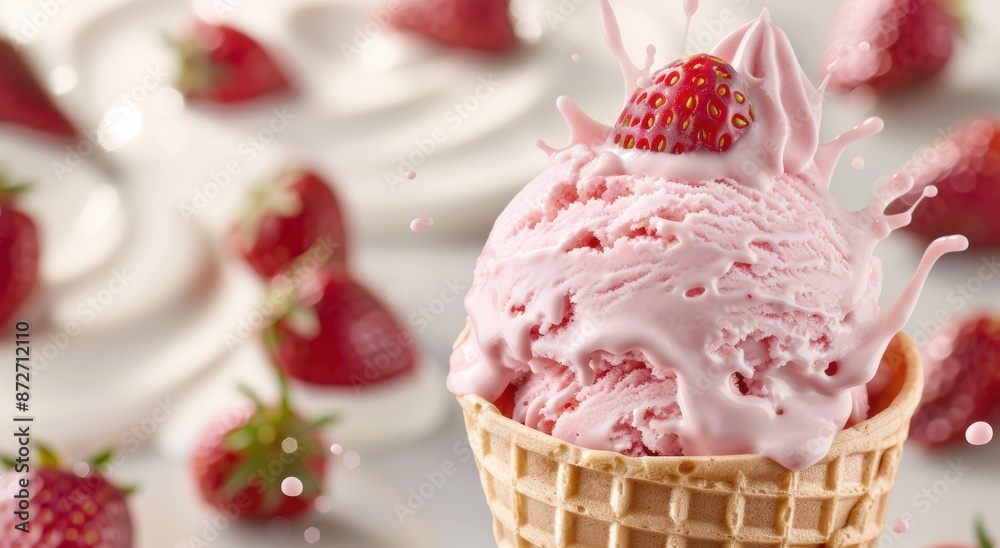 Delicious strawberry ice cream in a waffle cone Delicious strawberry ice cream in a waffle cone