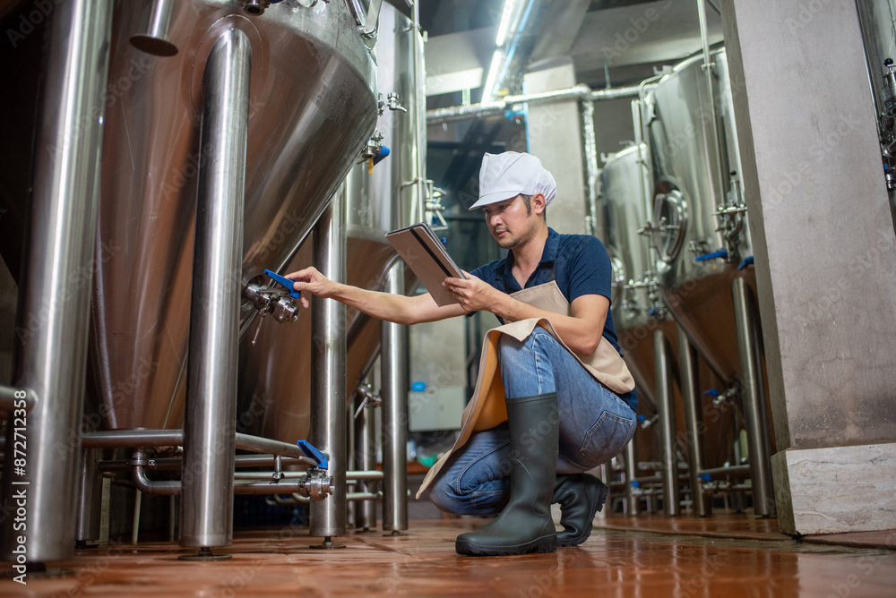 Fototapeta premium Asian man works at a craft beer factory as a brewer operating the brewery machinery. Craft beer production is a small business.