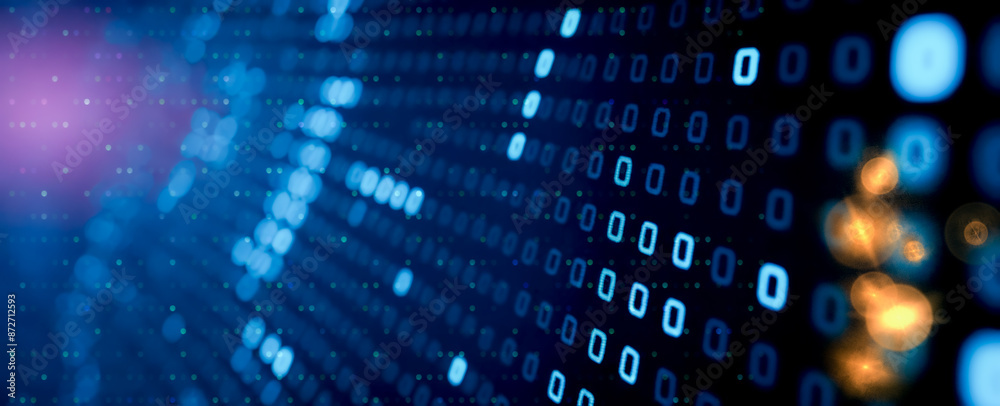 Abstract technology background with blue binary numbers and light particles, symbolizing secure data transfer in cyber network, modern digital age concept with flowing bits pattern on dark backdrop Abstract technology background with blue binary numbers and light particles, symbolizing secure data transfer in cyber network, modern digital age concept with flowing bits pattern on dark backdrop