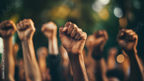 Raised Fists of Unity and Strength Against Sunlight photo