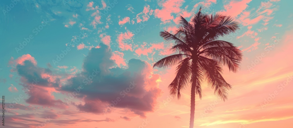 Silhouette of a tropical palm tree against a sunset sky with abstract clouds. Represents summer vacation and natural travel adventures with a vintage color effect. Includes copy space image. Silhouette of a tropical palm tree against a sunset sky with abstract clouds. Represents summer vacation and natural travel adventures with a vintage color effect. Includes copy space image.